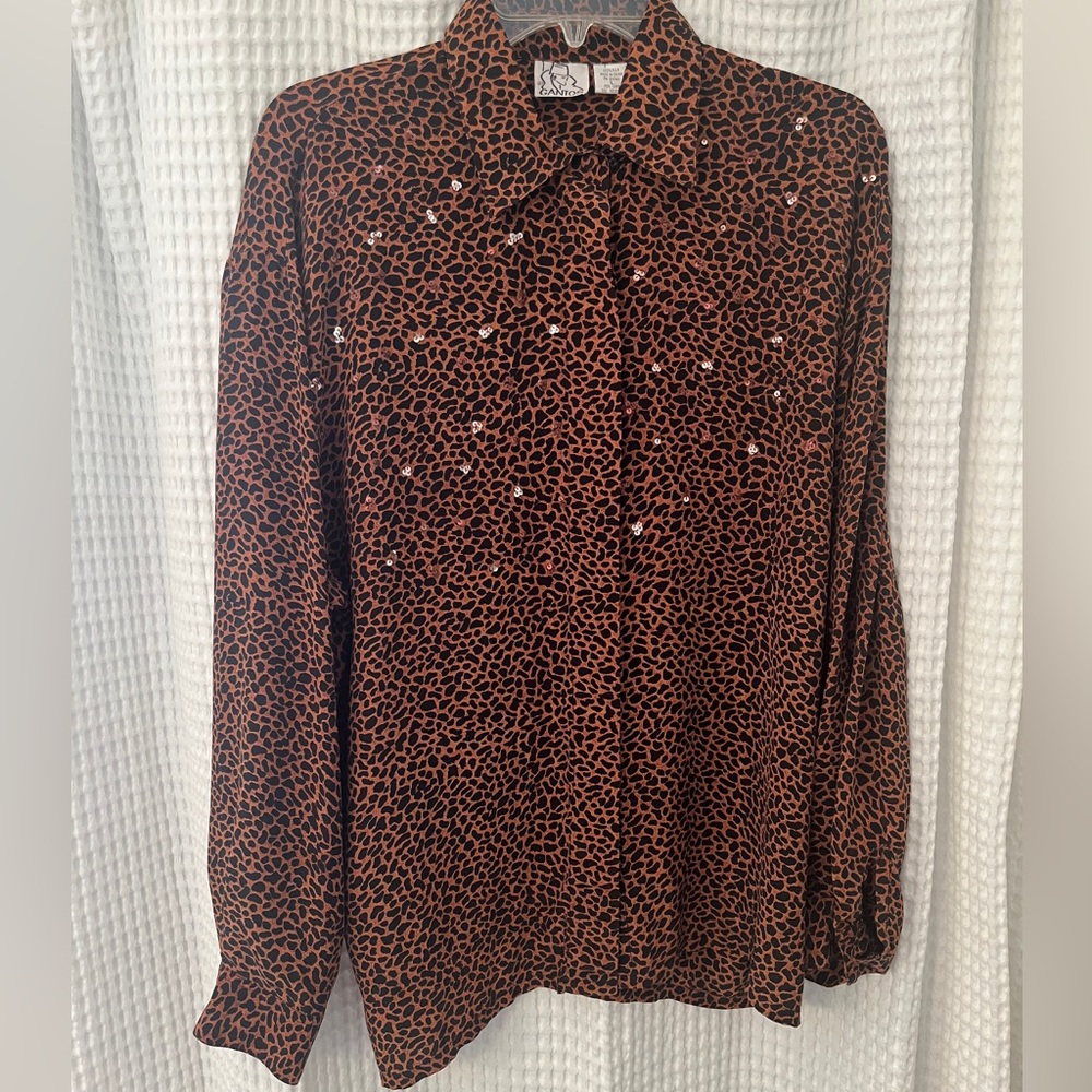 GANTO’S Women’s Silk Black and Brown Print Long Sleeve Blouse, Large